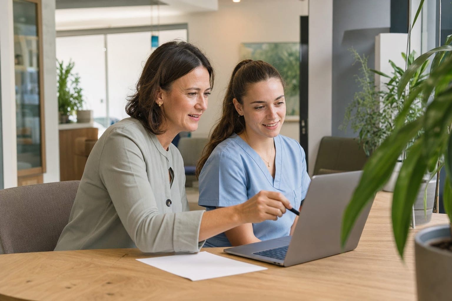 Zwei Personen im Büro besprechen am Laptop die offene Stelle