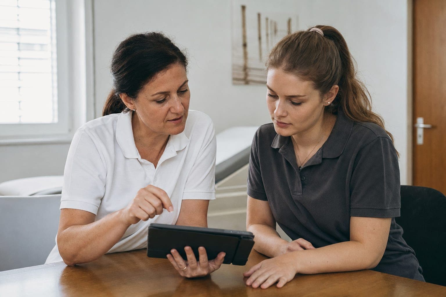 Betriebsinhaber und neue Fachkraft am Tablet in der Werkstatt